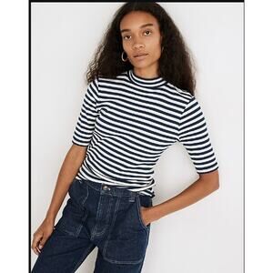Madewell Drapey-Rib Mockneck Top Short Sleeve Stripe Blue Cotton Blend Large